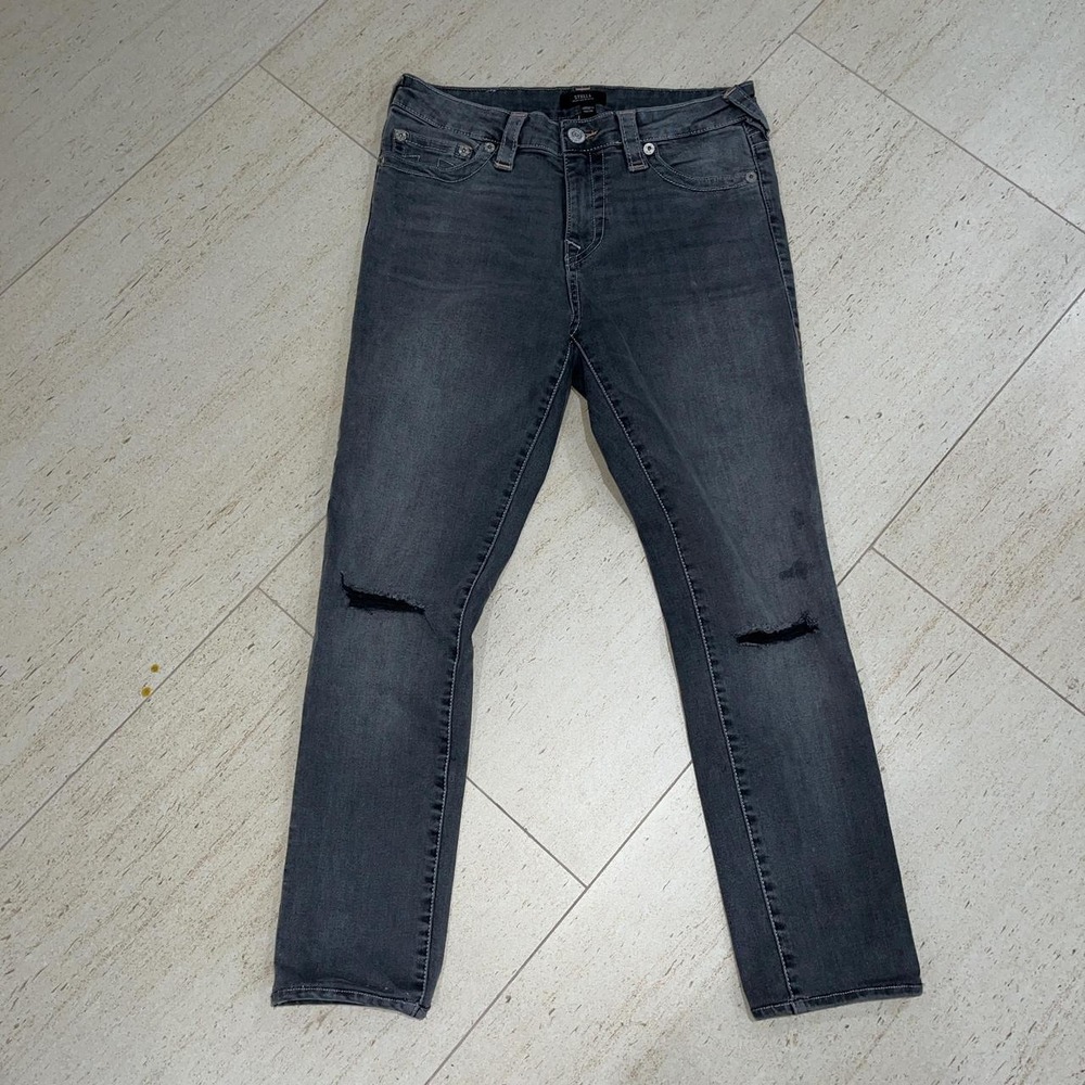 True Religion Stella Mid Rise Skinny Jeans Black Distressed Denim Size 29